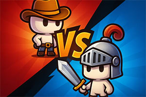 Cartoon cowboy on a red background facing a cartoon knight with a sword and helmet on a blue background, separated by a bold VS in the center