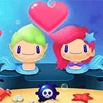 A colorful, cartoon-style illustration of a mermaid couple with vibrant hair, surrounded by bubbles, starfish, and a crab, set against an underwater background with floating hearts