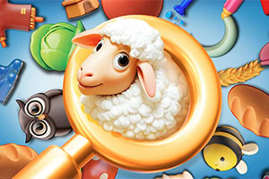 A cartoon sheep with a cheerful expression is positioned inside a large golden keyhole, surrounded by various colorful toys and objects
