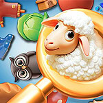 A cartoon sheep with a cheerful expression is positioned inside a large golden keyhole, surrounded by various colorful toys and objects