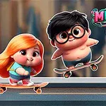 A colorful animated scene featuring three characters—two children on skateboards and a green furry creature—set against a vibrant urban background, with the title Mien Bugr Skate prominently displayed