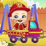 A cheerful scene featuring two cartoon children, one dressed as a firefighter with a fire truck, and the other in a pink outfit, both smiling and playing in a colorful backyard with swings and flowers