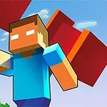 A pixelated character from the popular game Minecraft, holding a pickaxe and surrounded by blocks and trees against a blue sky backdrop