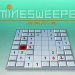 A digital Minesweeper game interface featuring a grid with numbered tiles indicating nearby mines, a visible mine icon, and the title Minesweeper Mania displayed at the top