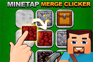 A colorful, pixelated game interface featuring a grid of blocks, including grey stone, red blocks, and a treasure chest, alongside a character holding a pickaxe and a hand pointing at the blocks