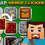 A colorful, pixelated game interface featuring a grid of blocks, including grey stone, red blocks, and a treasure chest, alongside a character holding a pickaxe and a hand pointing at the blocks