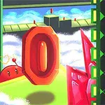 A colorful, whimsical scene featuring a large red number 0 amidst a vibrant landscape with green structures, clouds, and playful elements, likely depicting a video game or cartoon environment