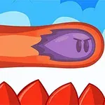 A colorful animated character with a purple face and angry expression emerges from a red cylindrical shape, set against a backdrop of blue skies and fluffy clouds, with red spikes below