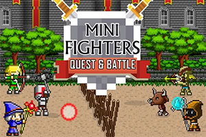 Pixel art battle scene in front of a castle with knights, a wizard, a brown creature, and a shielded warrior facing off beneath a MINI FIGHTERS QUEST & BATTLE sign
