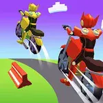 Two colorful, cartoonish motorcyclists in yellow and red outfits ride on a winding road against a purple sky, with white clouds and red barriers in the foreground