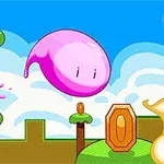 A vibrant, animated landscape featuring a pink blob character jumping amidst colorful trees, clouds, and collectable coins in a whimsical gaming environment