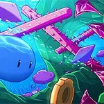 A vibrant underwater scene featuring a playful blue blob, surrounded by colorful crystals and a spiky pink structure, evoking a whimsical and adventurous atmosphere