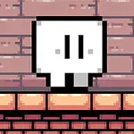 A simplistic, pixel-art character with a white square head and black facial features stands on a brick platform in front of a textured wall