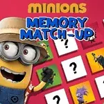 A cheerful Minion in a straw hat and Hawaiian shirt stands next to a grid of cards with question marks, promoting a Minions Memory Match-Up game against a bright pink background