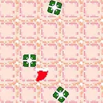 The image depicts a pixelated game scene featuring a red object navigating a pink grid background, with green and red gift-like shapes scattered throughout