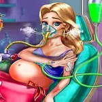 A pregnant woman in a medical setting is receiving treatment, wearing an oxygen mask and IV, with a playful title Mommy Accident ER above her, depicting a cartoonish emergency scenario