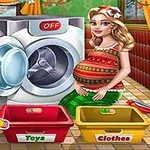 A pregnant woman stands next to a washing machine in a colorful room, with two labeled baskets for sorting toys and clothes