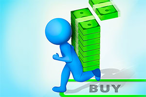 Blue 3D stick figure running while carrying a tall stack of green money bills above a BUY button on a light background