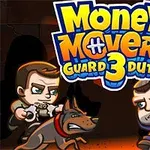 The image features a colorful video game title Money Movers: Guard Duty with cartoon characters, including a dog and two muscular men, in a dynamic pose, set against a dark backdrop