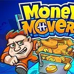 A vibrant and playful game graphic featuring two animated characters in orange jumpsuits, carrying a bucket of coins, against a blue background with the title Money Movers prominently displayed