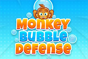 A playful cartoon monkey with a mischievous expression is enclosed in a bubble against a bright blue, polka-dotted background, accompanied by bold, colorful text that reads Monkey Bubble Defense