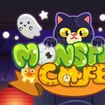 A colorful and playful graphic featuring the title Monster Cafe with a cartoon cat, friendly ghosts, and whimsical creatures, all set against a dark, spooky background