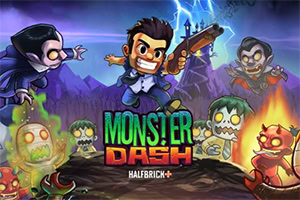 A cartoonish scene featuring a central character wielding a gun, surrounded by various whimsical monsters, set against a dark, atmospheric background with lightning