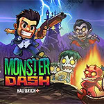 A cartoonish scene featuring a central character wielding a gun, surrounded by various whimsical monsters, set against a dark, atmospheric background with lightning