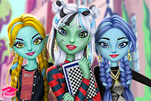 Three colorful, stylized characters with unique hairstyles and vibrant outfits pose together, showcasing a mix of green, blue, and yellow tones, set against a school backdrop