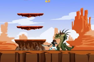 A character in a white outfit is poised with a weapon facing a large green dragon in a desert landscape, with floating platforms in the background and a blue sky above