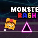 A colorful game title Monster Rash features a cute square character with eyes and a hat, alongside geometric shapes like a pink triangle and a star, set against a dark, abstract background