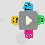 The image features colorful cartoon monsters surrounding a gray play button on a light gray background, creating a playful and whimsical design