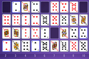 This image features a grid of playing cards laid out in rows and columns, showcasing various suits including hearts and spades, with a mix of numbered and face cards