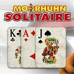 The image features a cartoon chicken character beside playing cards displaying a King, Ace, and Jack of spades, with the title Moorhuhn Solitaire prominently displayed at the top