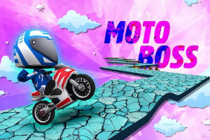 A colorful, stylized cartoon character in a racing outfit rides a motorcycle on a cracked, floating road with a vibrant pink background and the text MOTO BOSS prominently displayed