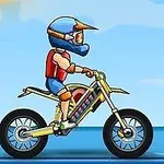 A cartoon-style biker in a blue helmet and red shirt rides a yellow motorcycle on a ramp against a bright sky background, showcasing a fun and adventurous motorcycle stunt scene