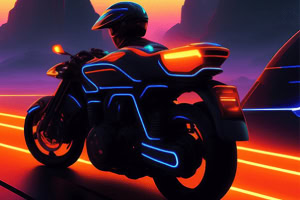 A futuristic motorcycle illuminated with neon blue and orange lights, set against a vibrant, gradient background of mountains and a twilight sky