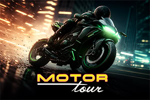 A rider leaning into a high-speed turn on a glowing green sport motorcycle at night, with sparks and the MOTOR tour logo