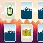 A colorful illustration featuring cards with mountain silhouettes, a lantern, and a map icon, set against a scenic background of mountains and a forest