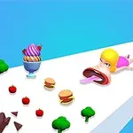 A cartoonish scene featuring a blonde character lying on a white pathway, reaching towards food items like burgers and ice cream, with trees and apples scattered around