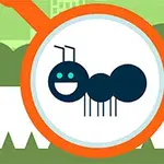 A cartoon-style illustration of a smiling ant under a magnifying glass, set against a simple green urban background with stylized buildings and grass