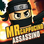 A stylized cartoon character wearing a black ninja outfit and headband, holding a gun, with an intense expression, set against a vibrant, dynamic background