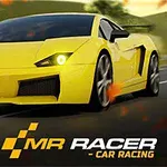 A sleek yellow sports car with glowing headlights is depicted in motion on a winding road, accompanied by the title MR RACER - CAR RACING at the bottom