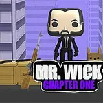 A stylized, cartoonish character resembling an action hero stands in a cityscape with various weapons and crates around him, featuring the game title Mr