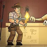 An animated adventurer holds a torch and gun while confronting a mummy in an ancient Egyptian setting, complete with hieroglyphics and a mysterious atmosphere