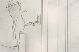 A thin, elongated figure with a long nose wearing a hat is pointing at an elevator button on a wall in a minimalist, sketch-like illustration