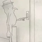 A thin, elongated figure with a long nose wearing a hat is pointing at an elevator button on a wall in a minimalist, sketch-like illustration