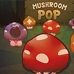 A vibrant illustration featuring colorful cartoon mushrooms on a forest background, with the text MUSHROOM POP prominently displayed above them