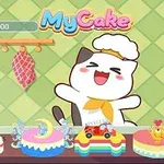 A cute cartoon cat chef happily presents a colorful array of decorated cakes in a playful kitchen setting, with game elements visible in the corner