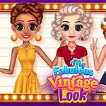 The image features three stylized female characters showcasing vintage fashion styles, each adorned in vibrant dresses and accessories, set against a light backdrop with a colorful title banner reading My Fabulous Vintage Look